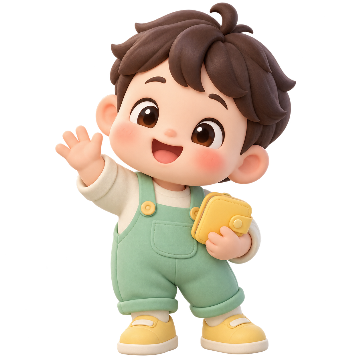 FableWallet's mascot Feibo, a soft-3D chubby boy holding a wallet in front of a mint-green arch.